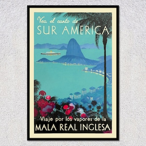 Póster de viaje vintage de Río de Janeiro: impresión retro de Brasil: turismo clásico y arte mural icónico del Pan de Azúcar