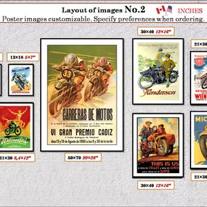 Puede incluir: Un collage de p&oacute;sters de motocicletas vintage de varios tama&ntilde;os. Los p&oacute;sters presentan ilustraciones coloridas de motocicletas, pilotos y escenas de carreras. Los p&oacute;sters est&aacute;n enmarcados en negro y tienen texto blanco con las dimensiones de cada p&oacute;ster que se enumeran a continuaci&oacute;n.