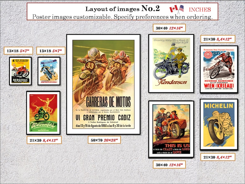 Puede incluir: Un collage de p&oacute;sters de motocicletas vintage de varios tama&ntilde;os. Los p&oacute;sters presentan ilustraciones coloridas de motocicletas, pilotos y escenas de carreras. Los p&oacute;sters est&aacute;n enmarcados en negro y tienen texto blanco con las dimensiones de cada p&oacute;ster que se enumeran a continuaci&oacute;n.
