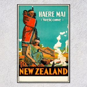 Póster de viaje vintage de Nueva Zelanda: impresión artística retro de kiwi: decoración de pared clásica de turismo y aventuras escénicas