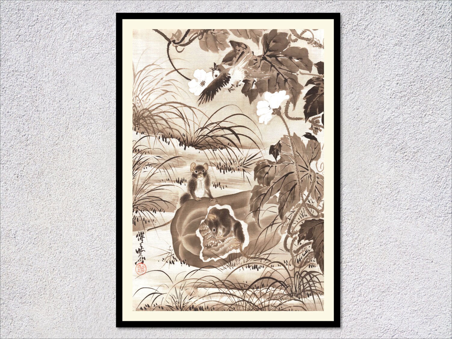 雉と蛇の木版画 雉と蛇の木版画