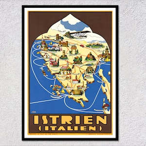 Póster de viaje italiano: península de Istria, 1930. Impresión vintage de Italia. Arte turístico retro. Decoración clásica de pared.