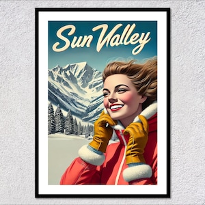 Ski Resort Sun Valley Poster Print, Mountain Wall Art, Skiing Decor, Winter Sports Gift, Snowy Landscape Art