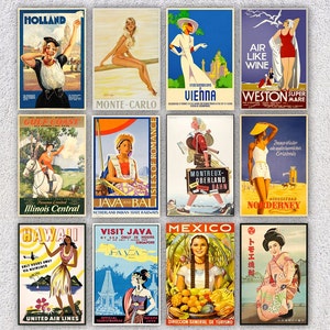 Conjunto de cartões postais de viagem vintage | 12 reproduções de destinos retrô | Pacote de turismo histórico