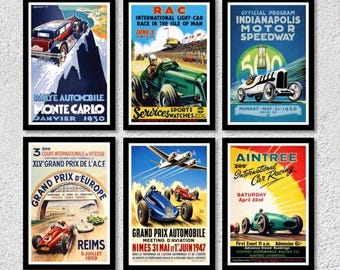 Juego de 6 pósteres de automovilismo / Decoración de pared vintage de carreras de coches