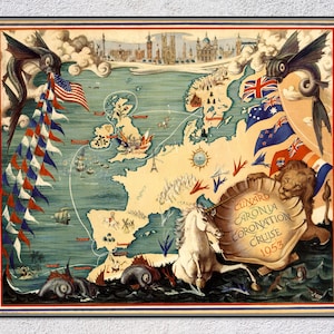 Carte illustrée de 1953 - Croisière du couronnement Cunard Caronia - Art mural maritime vintage