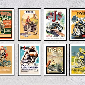 Conjunto de pósteres de motocicletas históricas / Reproducciones de carreras de motos vintage / Arte mural retro de motos