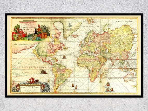 アンティーク ドイツ ローゼル 1641年の世界地図復刻 四元素 版画風印刷紙 アンティーク ドイツ ローゼル 1641年の世界地図復刻 四元素