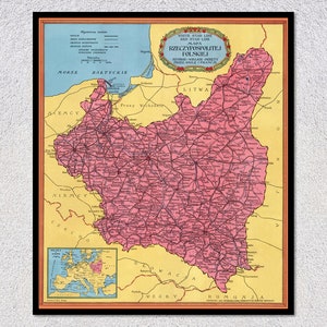 ポーランドの歴史地図（1929年） - 古いポーランド地図の複製 - ヴィンテージ地図作成ウォールアート