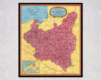 Historic Map, Old Map of Poland, 1929, Antique European Maps & Atlases Poland