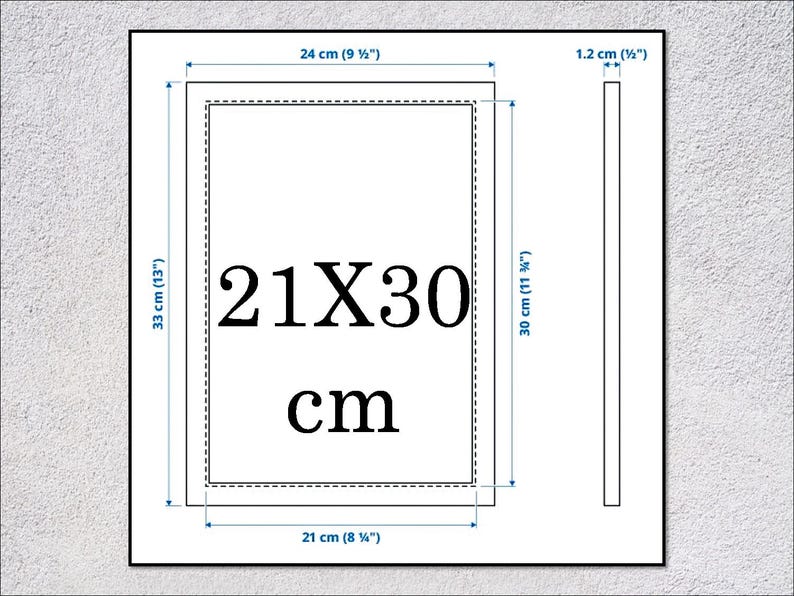 May include: A white rectangular frame with dimensions labeled in centimeters and inches. The frame is 21 x 30 cm (8 &frac14; x 11 &frac34; inches) with a 24 cm (9 &frac12; inches) width. The frame's thickness is 1.2 cm (&frac12; inch).