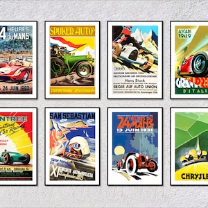 Set of 8 Grand Tour Racing Posters | Vintage Speed Reproduction Collection | Retro Car Wall Art