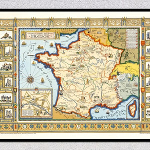 Mapa pictórico vintage da Europa e da França (1929) – R.R. Bowker Co. – Arte de parede histórica