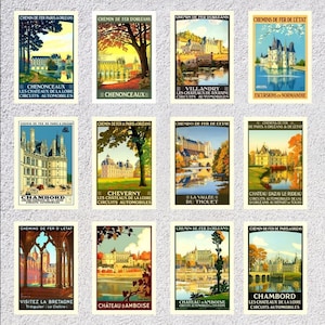 Set di 12 cartoline d'epoca di castelli francesi / Collezione di ristampe della Valle della Loira / Arte di viaggio