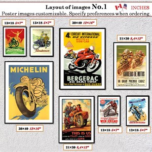 Puede incluir: Un collage de p&oacute;sters de motocicletas vintage de varios tama&ntilde;os. Los p&oacute;sters presentan im&aacute;genes de motocicletas, pilotos y carreras. Los p&oacute;sters son de varios colores, incluyendo rojo, azul, amarillo y verde. Los p&oacute;sters est&aacute;n todos enmarcados y listos para colgar.