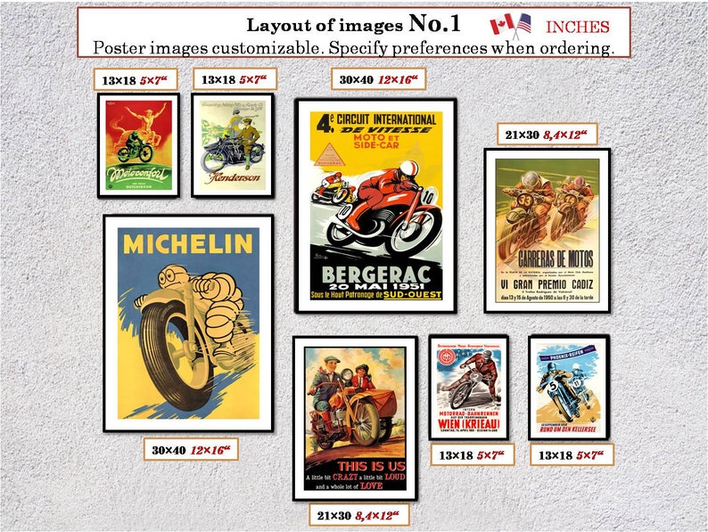 Puede incluir: Un collage de p&oacute;sters de motocicletas vintage de varios tama&ntilde;os. Los p&oacute;sters presentan im&aacute;genes de motocicletas, pilotos y carreras. Los p&oacute;sters son de varios colores, incluyendo rojo, azul, amarillo y verde. Los p&oacute;sters est&aacute;n todos enmarcados y listos para colgar.