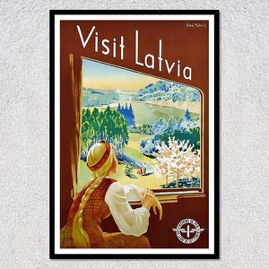 Póster de viaje vintage de Visit Latvia: impresión de los ferrocarriles nacionales de Letonia de 1930: arte turístico retro del Báltico