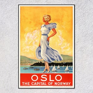 Póster de viaje vintage de Oslo, Noruega. Impresión escandinava retro. Arte de pared nórdico clásico. Decoración de mediados de siglo.