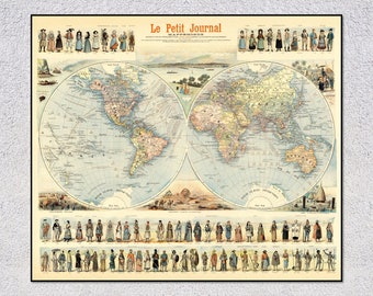 Pictorial Maps wall map of the World | 1900 Le petit journal mappemonde | REPRODUCTION