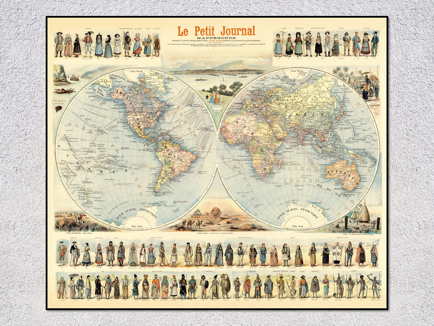 Pictorial World Map (1900) – Le Petit Journal Mappemonde – Vintage Wall Art Cartography