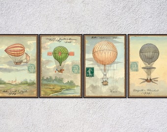 Hot Air Balloon Posters | Vintage air travel aviation print | Set of 4 Pictures