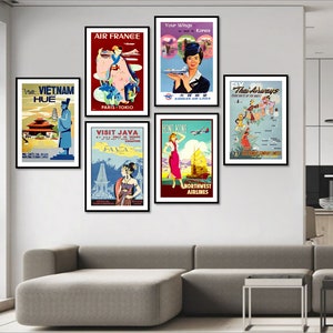 Viaje por Oriente: carteles de viajes antiguos, impresiones clásicas de Asia, arte mural de turismo retro, juego de 6