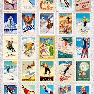 Cartoline delle località sciistiche più apprezzate / Set di 25 cartoline di viaggio invernali vintage / Ristampe di sci retrò