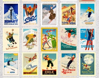 Top-Rated Ski Resorts Postcards | Set of 25 Vintage Winter Travel Cards | Retro Ski Reprints