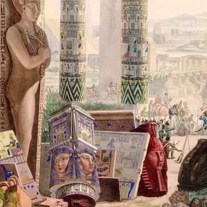 K&ouml;nnte beinhalten: Eine antike Illustration, die eine &auml;gyptische Szene mit hohen S&auml;ulen zeigt, die mit Hieroglyphen verziert sind. Das Kunstwerk zeigt Statuen, Sarkophage und eine rote Steinb&uuml;ste. Figuren auf Pferden und in historischer Kleidung bev&ouml;lkern den Hintergrund, was eine historische Szene hervorruft.