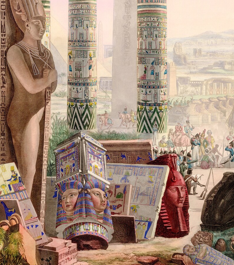 K&ouml;nnte beinhalten: Eine antike Illustration, die eine &auml;gyptische Szene mit hohen S&auml;ulen zeigt, die mit Hieroglyphen verziert sind. Das Kunstwerk zeigt Statuen, Sarkophage und eine rote Steinb&uuml;ste. Figuren auf Pferden und in historischer Kleidung bev&ouml;lkern den Hintergrund, was eine historische Szene hervorruft.