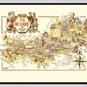 Poster kunstkaart Val de Loire – Geïllustreerde Franse reiskaart – Vintage muurkunst Loire-vallei