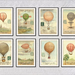 May include: A set of eight vintage illustrations of hot air balloons. Each illustration is framed in black and features a different hot air balloon design. The illustrations are in a watercolor style and depict the balloons in flight.