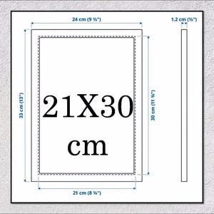 May include: A white rectangular image with black text indicating dimensions. The text reads "21X30 cm" and the overall dimensions are 24 cm (9 &frac12;") x 33 cm (13"). The thickness is 1.2 cm (&frac12;").