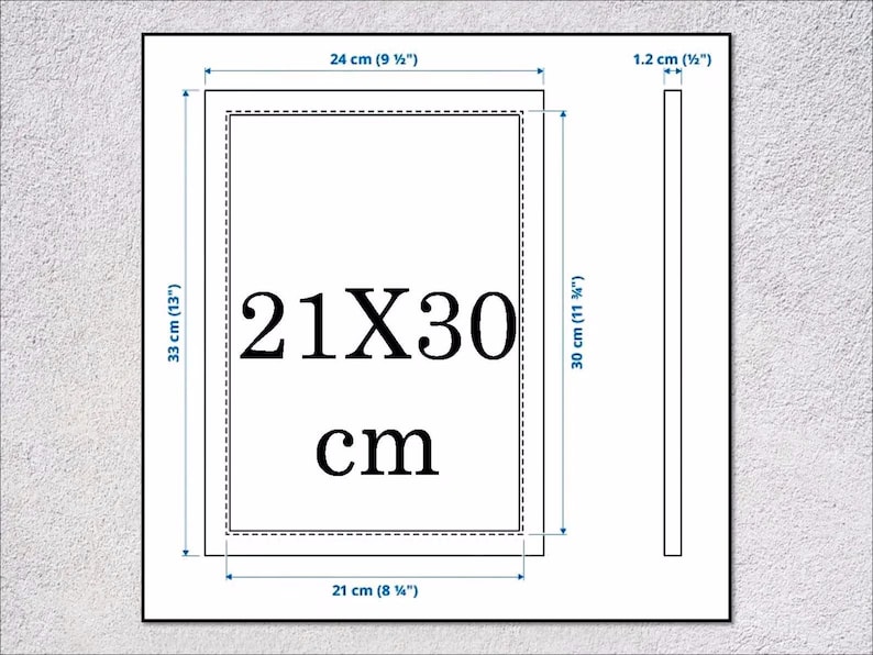 May include: A white rectangular image with black text indicating dimensions. The text reads "21X30 cm" and the overall dimensions are 24 cm (9 &frac12;") x 33 cm (13"). The thickness is 1.2 cm (&frac12;").