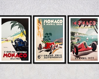 Juego de 3 carteles del Rally de Mónaco de 1933-1935 / Arte mural histórico de deportes de motor