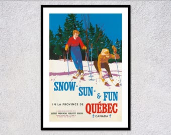 May include: Vintage travel poster promoting Quebec, Canada, featuring skiers on a snowy slope under a blue sky. The poster has the text "SNOW - SUN - & FUN" and "QUÉBEC CANADA". The skiers are wearing colorful winter clothing.