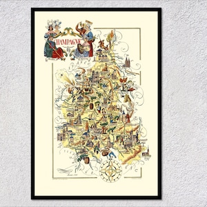 Champagne Vintage Map Poster – Illustrated Regional Map of France – Historical Wall Art Decor