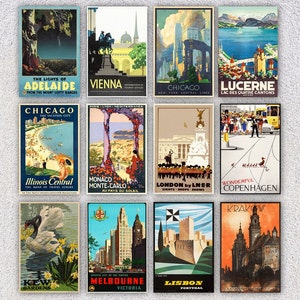 Poster de voyage en ville Cartes postales | Lot de 12 annonces vintage pour les voyages du monde | Collection d'estampes restaurées