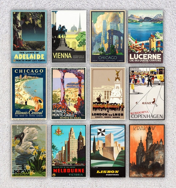 Set of 12 Vintage Travel Postcards Retro Postcard Travel Vintage Travel Ads  4 X 6 or 10 X 15 Cm 5 X 7 or 12.5 X 17.5 Cm 