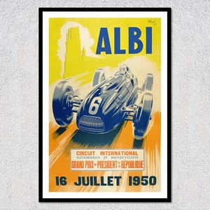 Reproducción de póster de carreras vintage de los años 50 / Impresión retro de coche de velocidad azul / Decoración histórica de automovilismo
