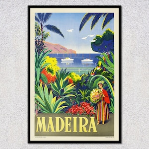 Affiche Madère Portugal - Affiche de voyage vintage - Publicité de tourisme rétro - Art mural d'îles côtières