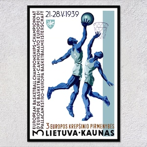 Affiche européenne de basket-ball de 1939 - Reproduction du tournoi de Kaunas en Lituanie - oeuvres d&#39;art sportives vintage