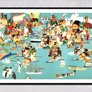 Landkarte von Menschen und Wildtieren der Welt – Illustriertes Poster von Kulturen und Tieren – Vintage Wandkunst