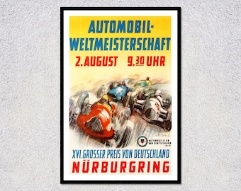 May include: Vintage poster advertising the Automobil-Weltmeisterschaft race, featuring race cars in action. The poster has text in German, including the date August 2nd and the time 9:30 AM. The poster is framed in black.
