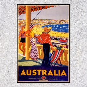 Póster de viaje vintage de Australia, impresión retro de playa, arte turístico clásico, decoración de pared para vacaciones costeras