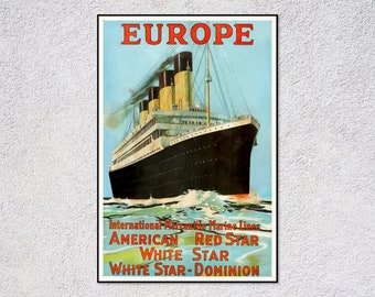 affiche de bateau de croisière des années 1910 | Lignes Europe IMM | White Star Line Europe-Amérique