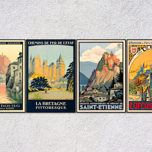 Pósteres de viajes antiguos, impresiones de turismo art déco, arte mural de aventuras retro, decoración clásica, juego de 4