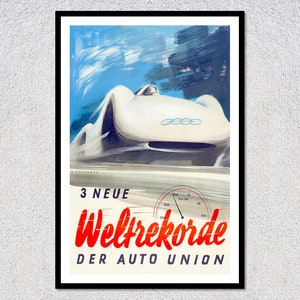 Reproduction d'affiche de record de vitesse d'Allemagne de 1937 | Impression de voiture simplifiée | Décoration murale automobile vintage