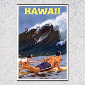 Póster de viaje vintage de Hawái, impresión tropical romántica, arte playero retro, decoración clásica de pared isleña