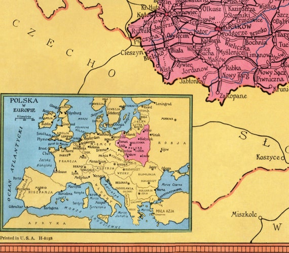 ポーランドのヴィンテージ政治地図アートワーク | 玄関の装飾に最適な